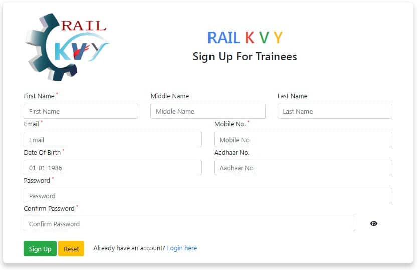 Rail KVY Trainee registration form