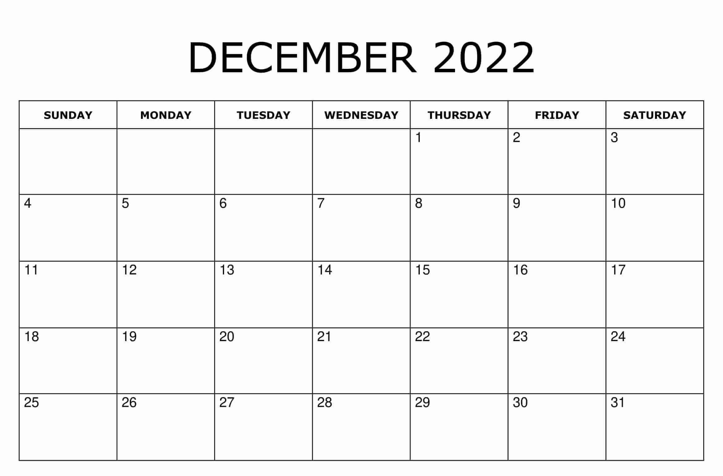 2022 December Calendar Blank Templates