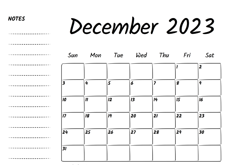 2023 December Calendar Blank Templates