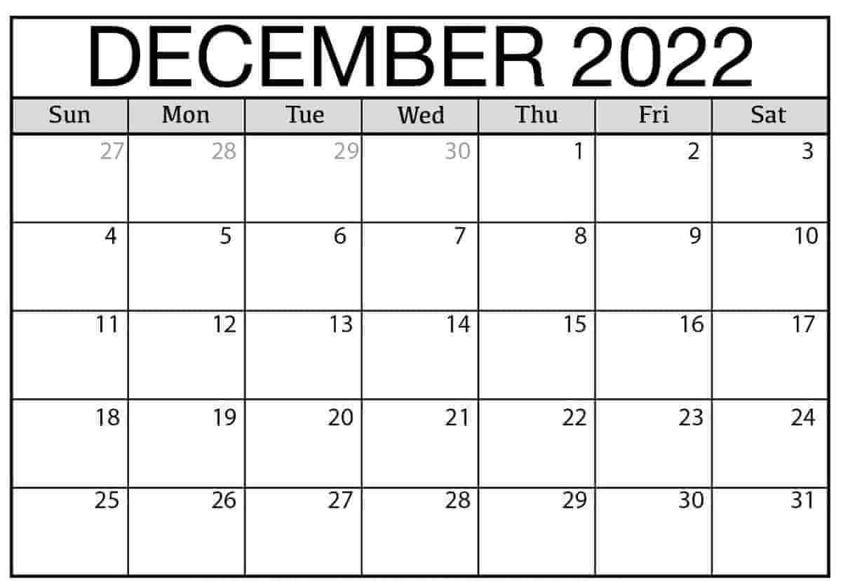Blank December 2022 Calendar Templates