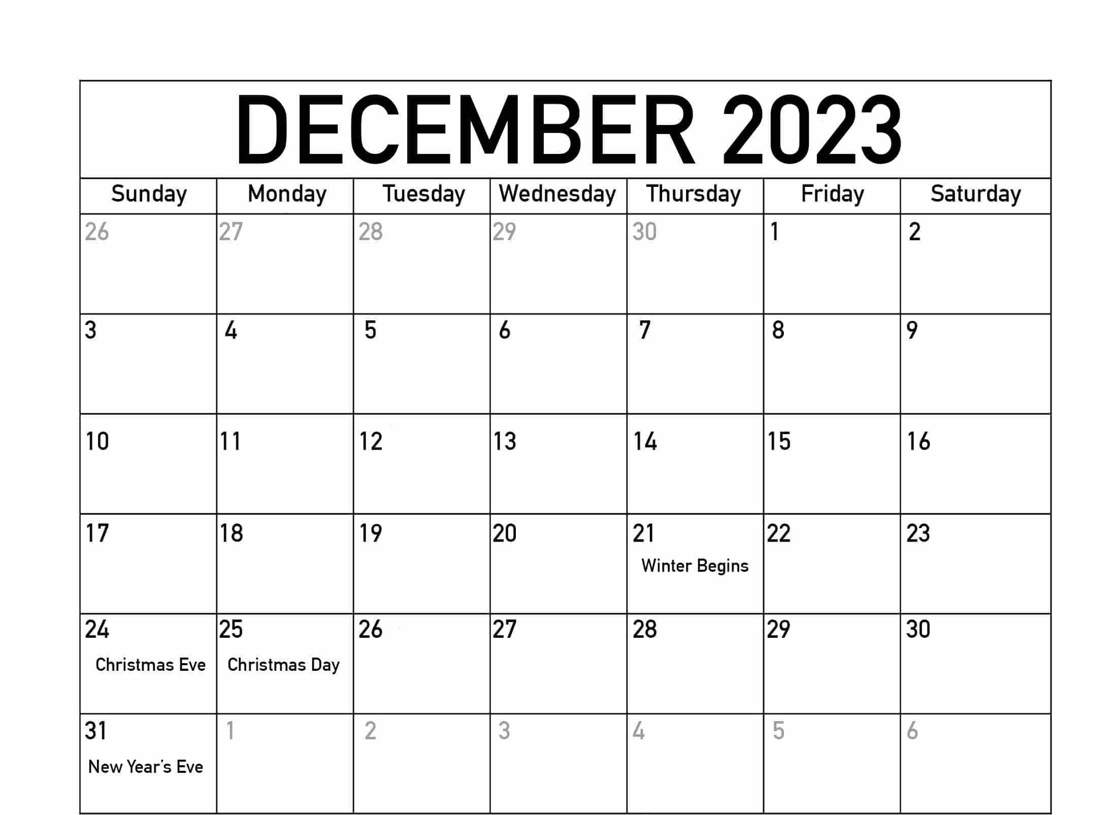 Blank December 2023 Calendar with Holidays