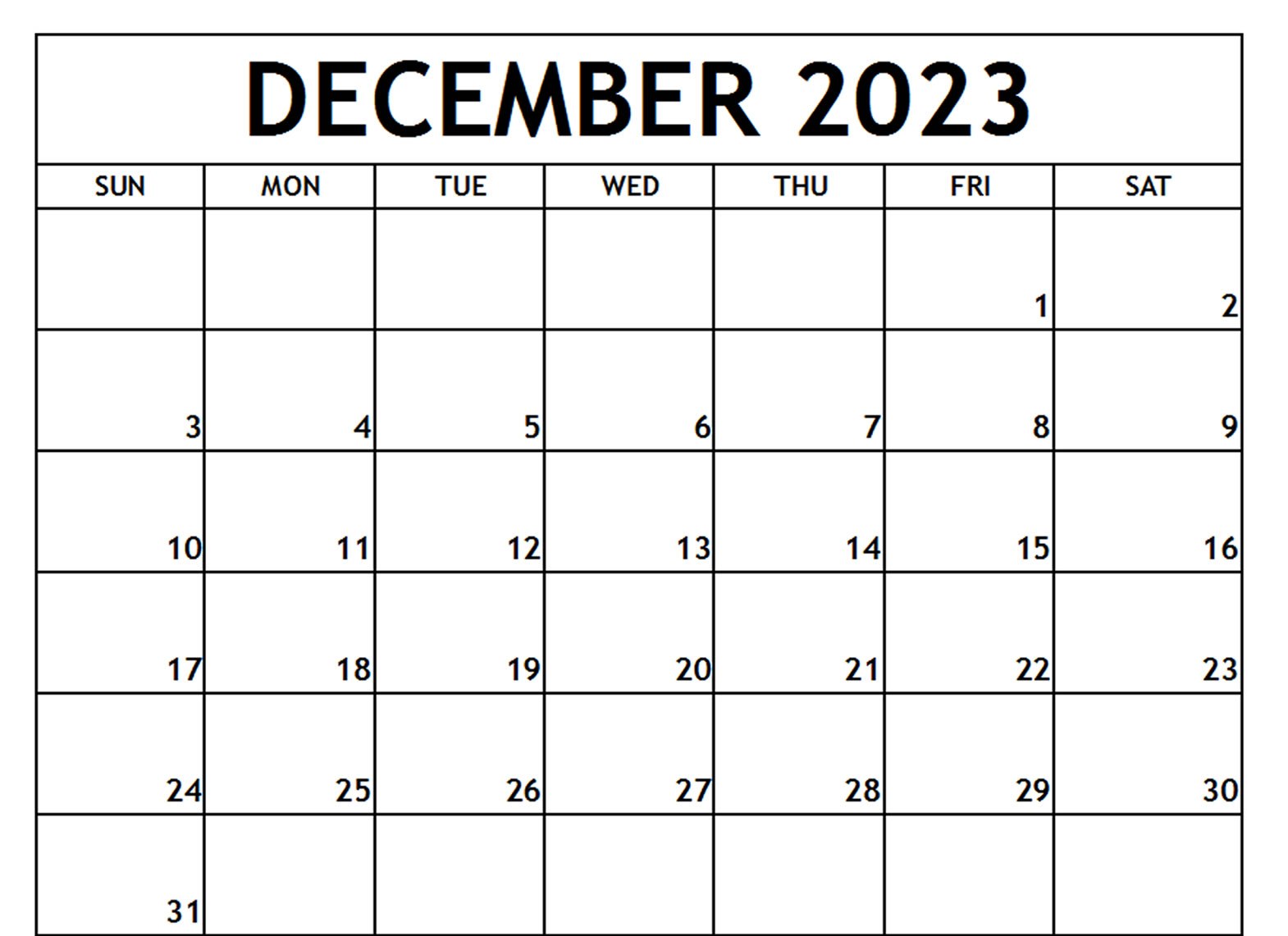 Blank December 2023 Printable Calendar