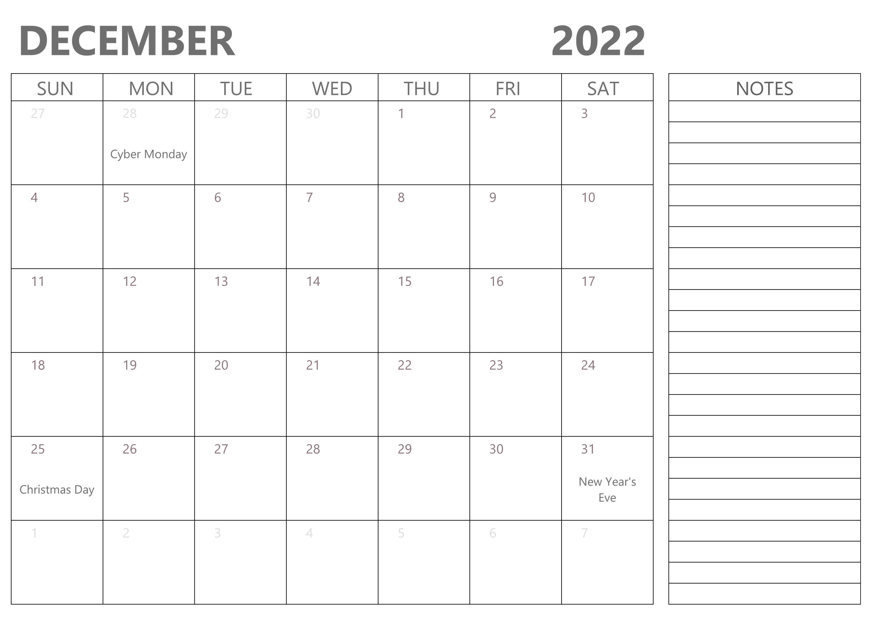 December 2022 Calendar With Holidays Notes