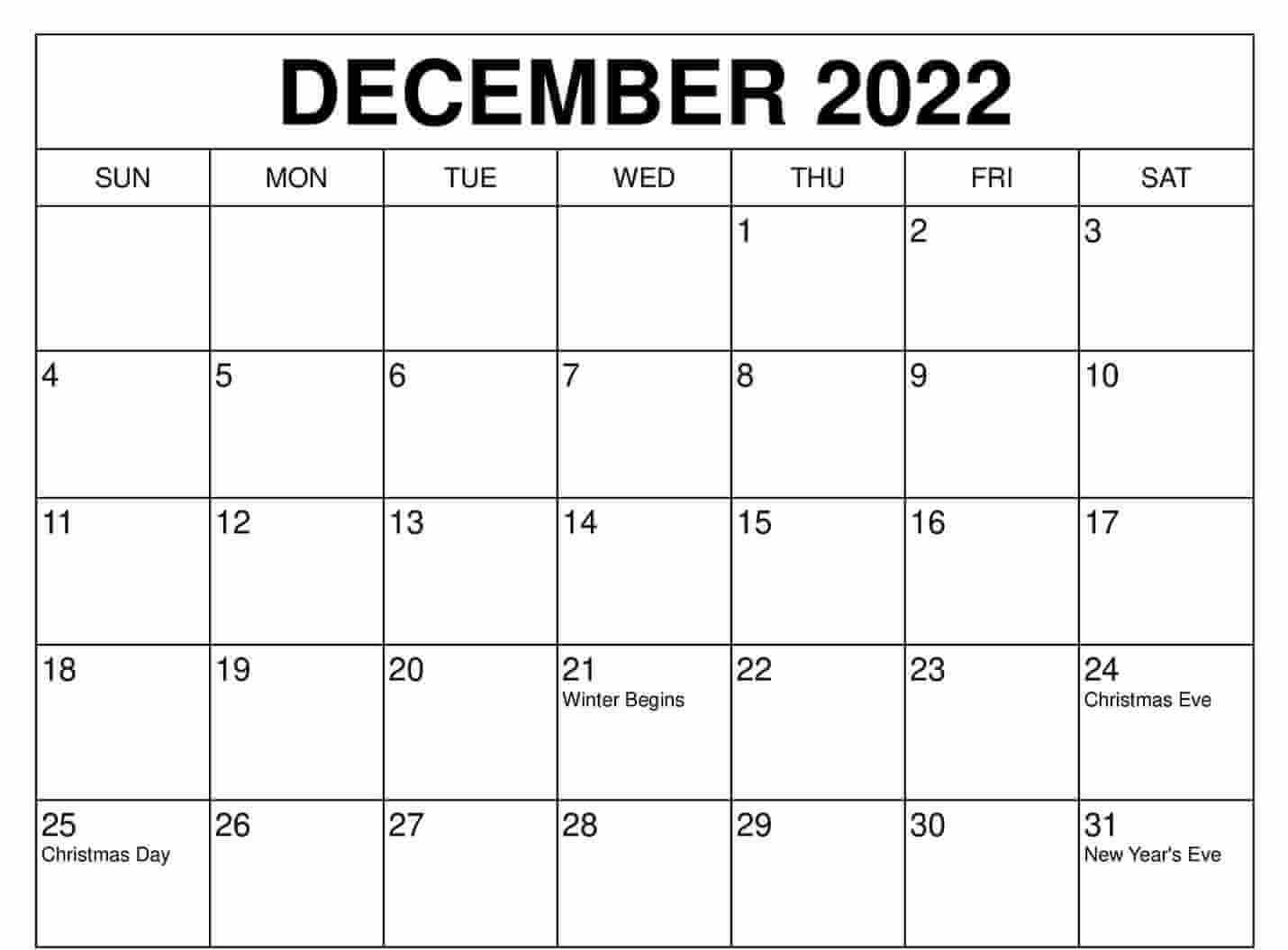 December 2022 Calendar With Holidays Printable