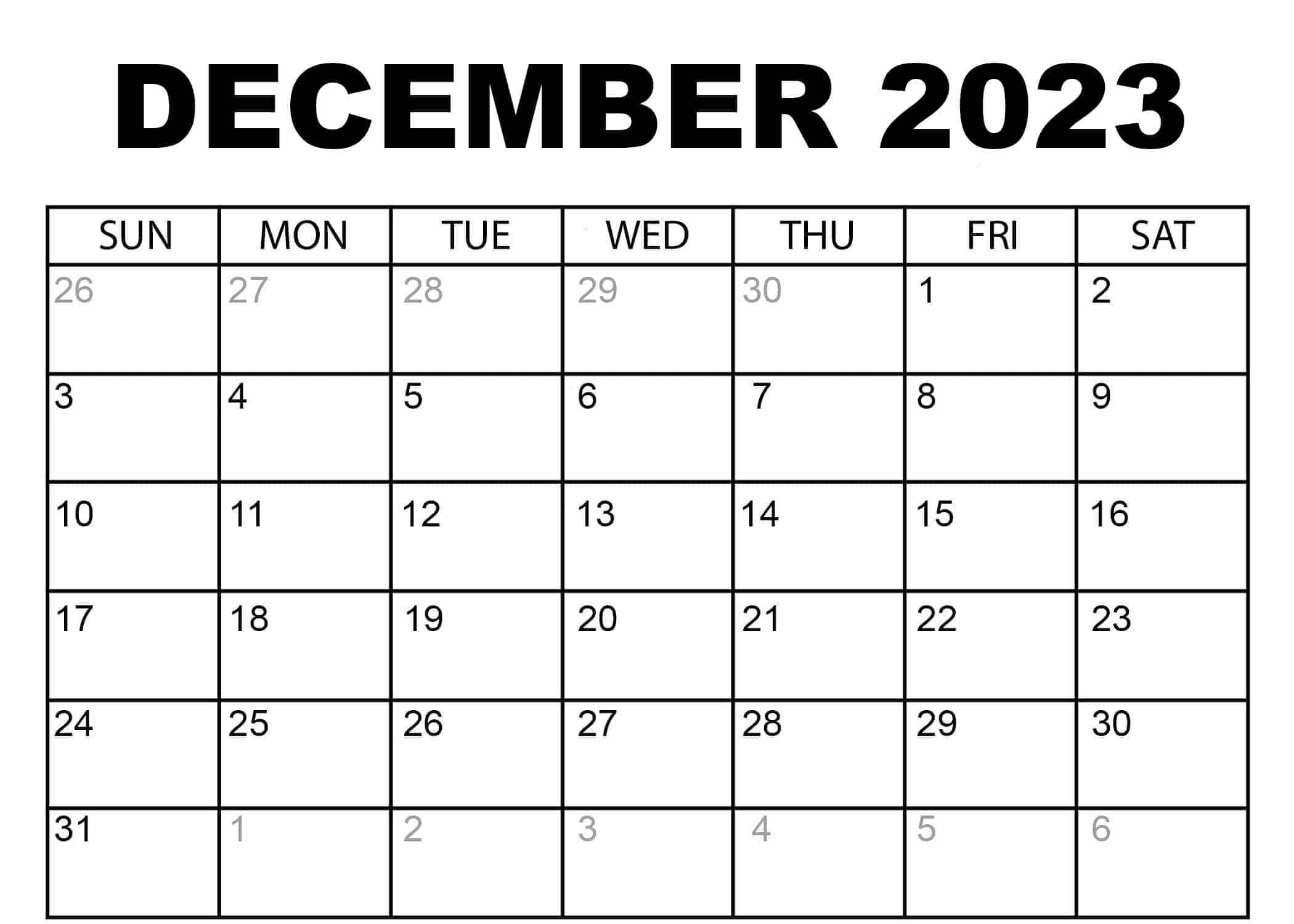 December 2023 Calendar Excel