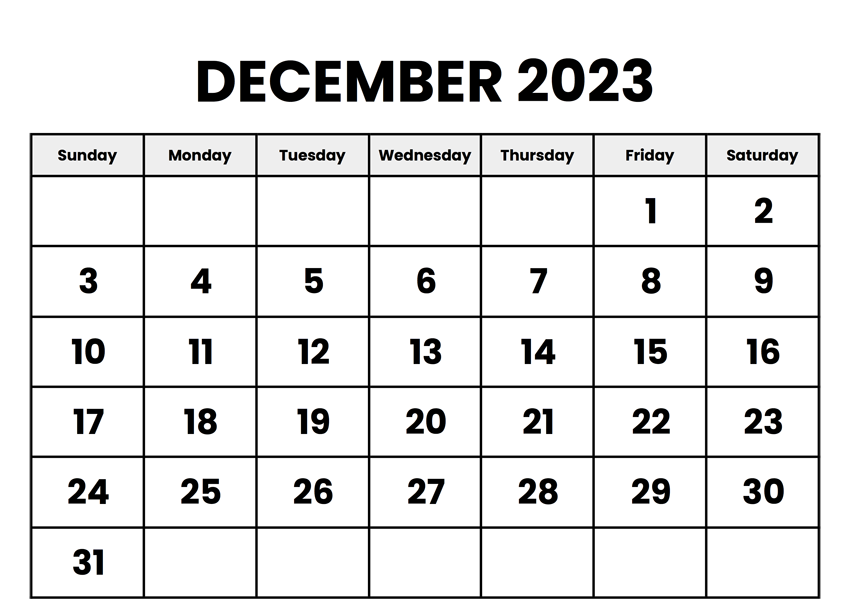 December Calendar 2023 Blank Templates