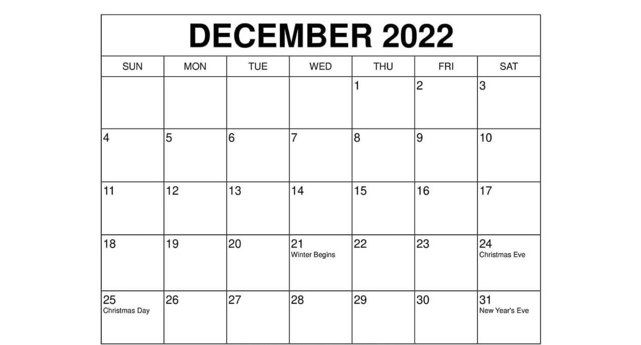 Print Blank December 2022 Calendar