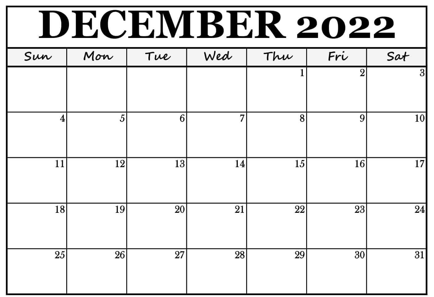 Printable Blank December 2022 Calendar