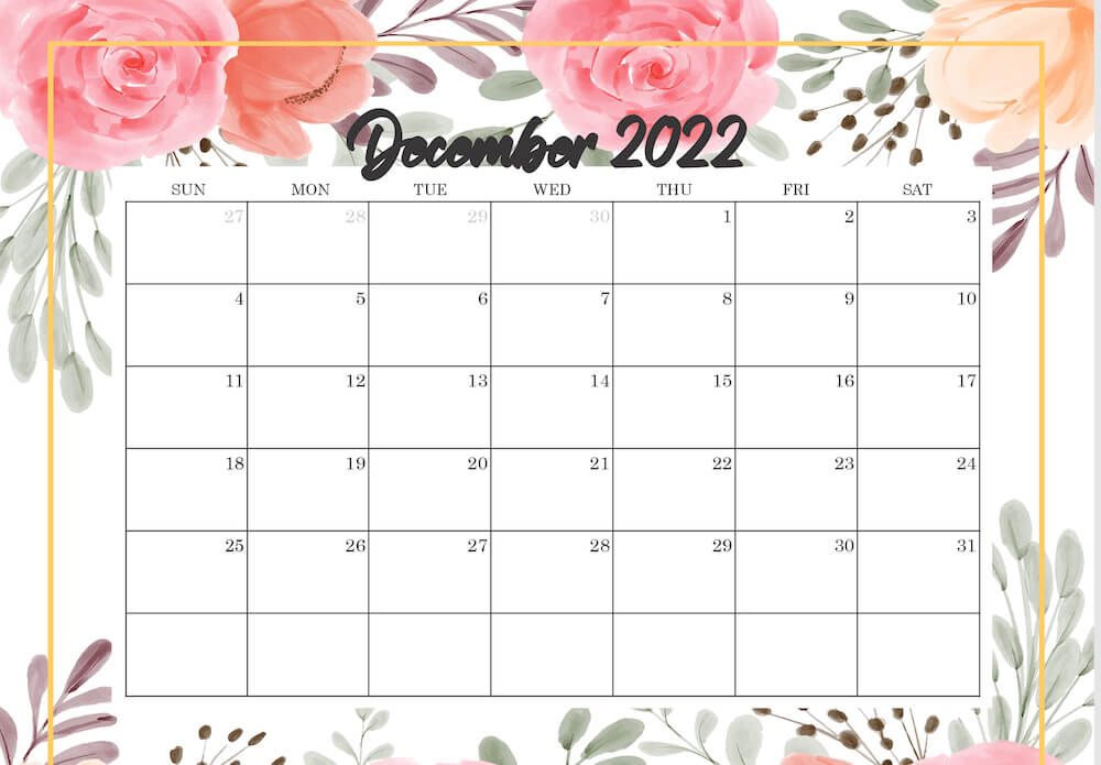 2022 calendar december floral flowers