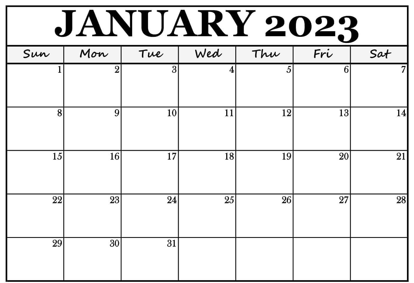 2023 January Calendar Printable Template