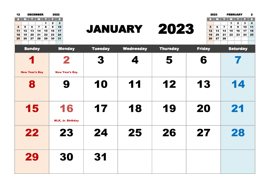 2023 January Calendar With Holidays Template