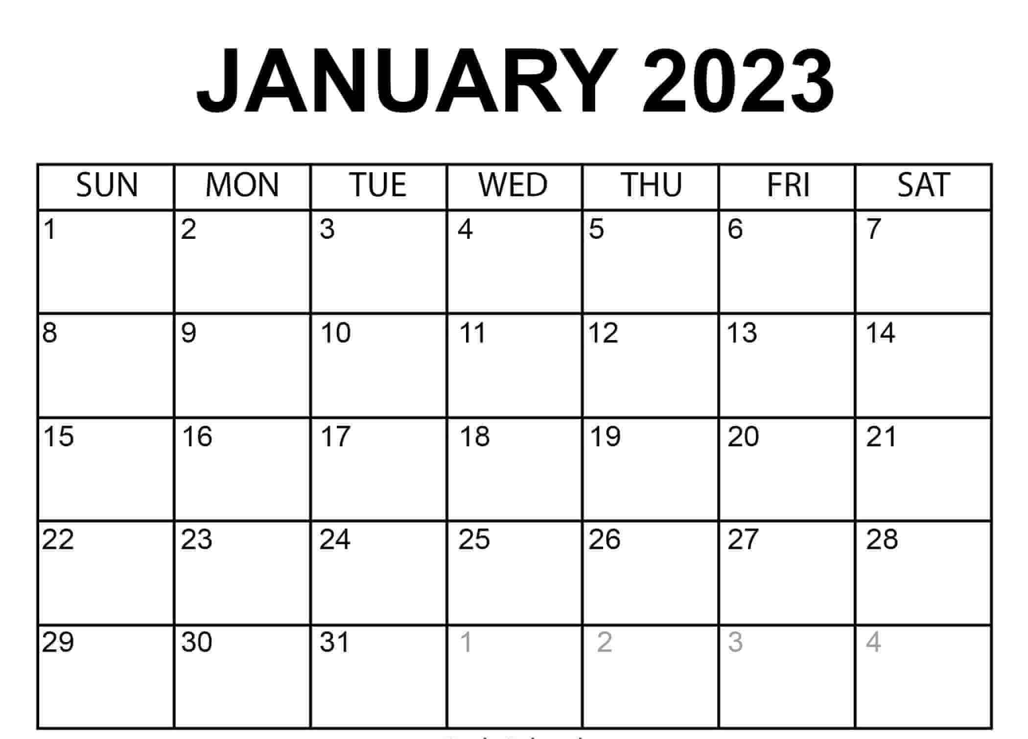 Blank January 2023 Calendar Landscape