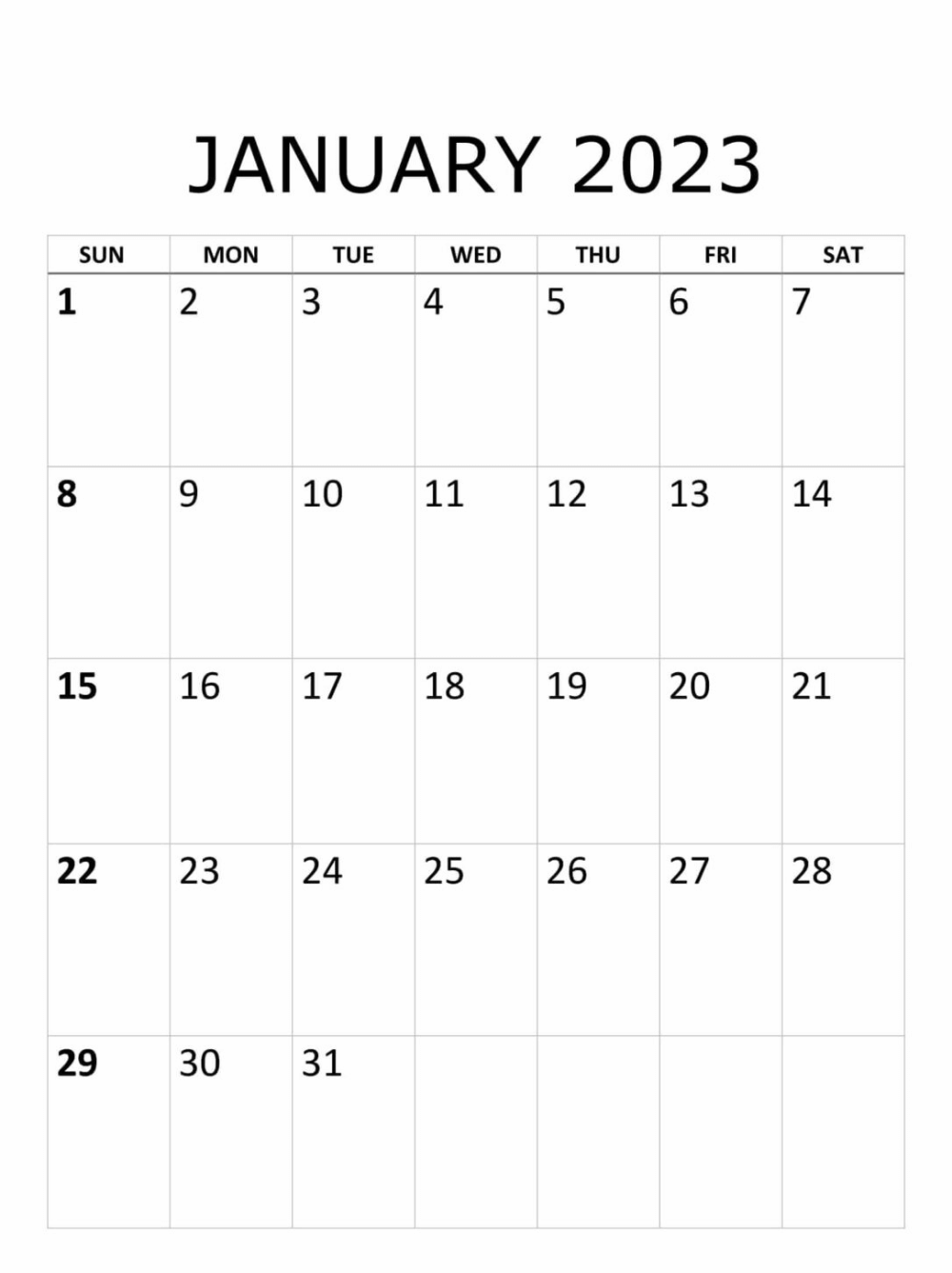 Blank January 2023 Calendar Portrait