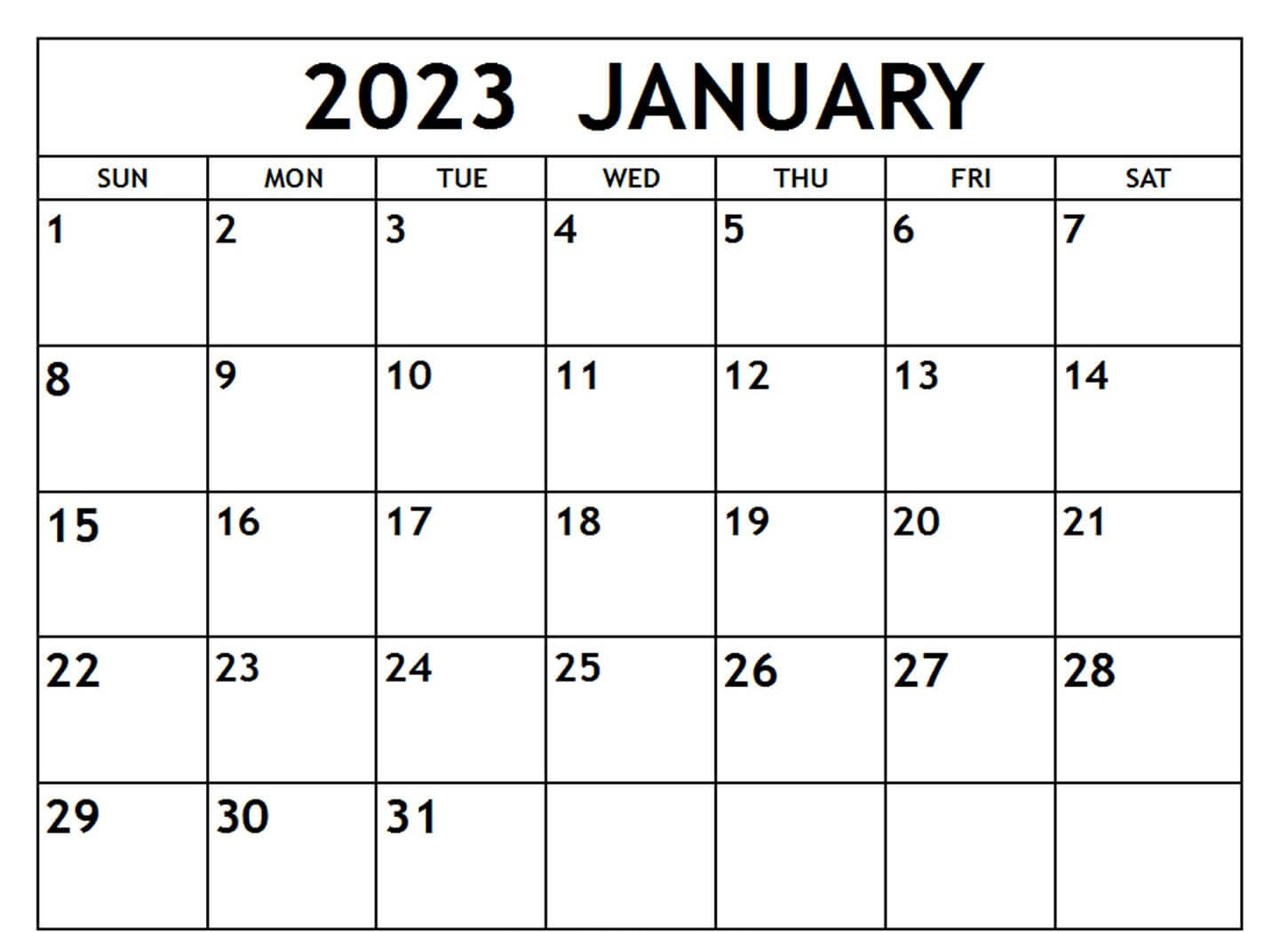 Blank January 2023 Calendar Template PDF