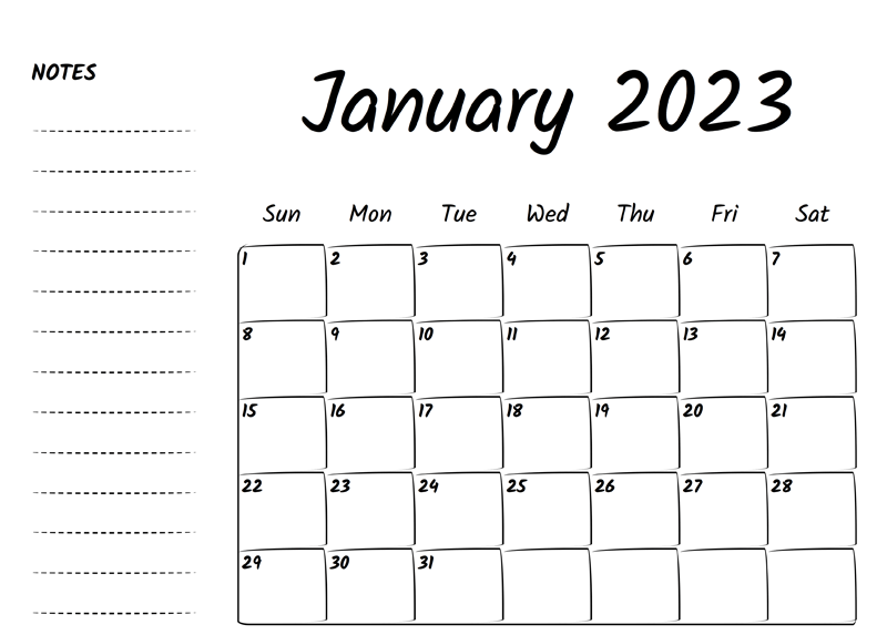 Blank January 2023 Calendar Template with Notes