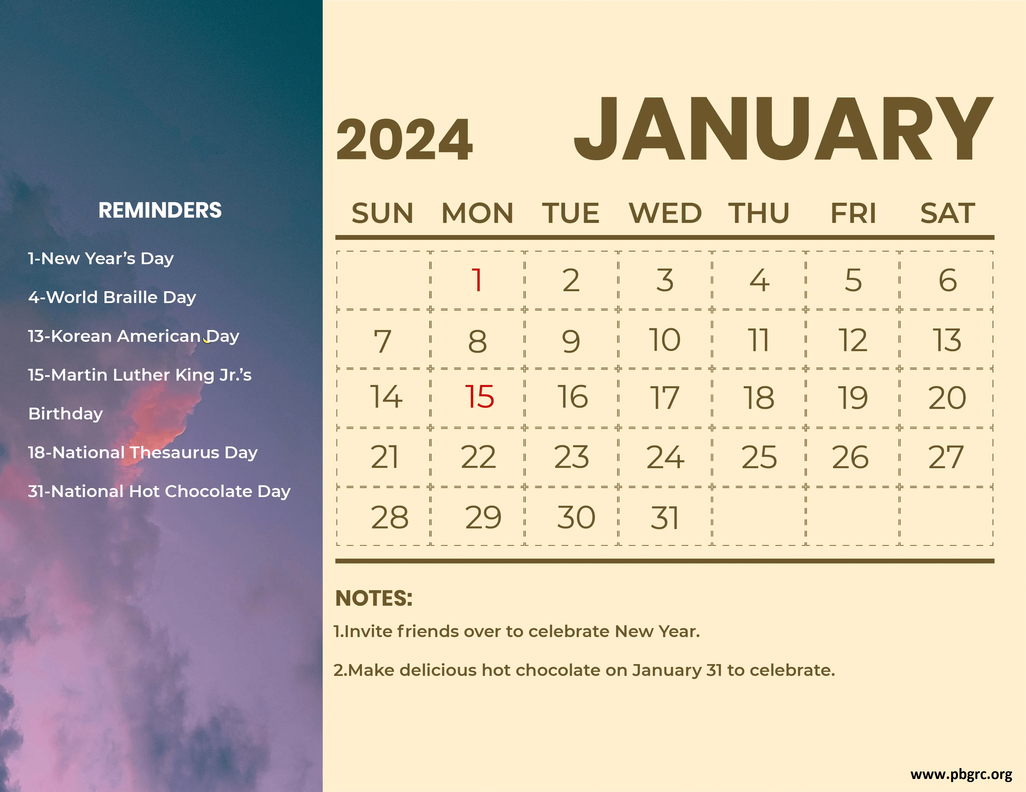 Cute Editable January 2024 Calendar Template
