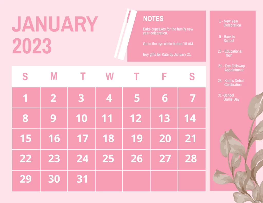 Cute January 2023 Calendar Pink Design