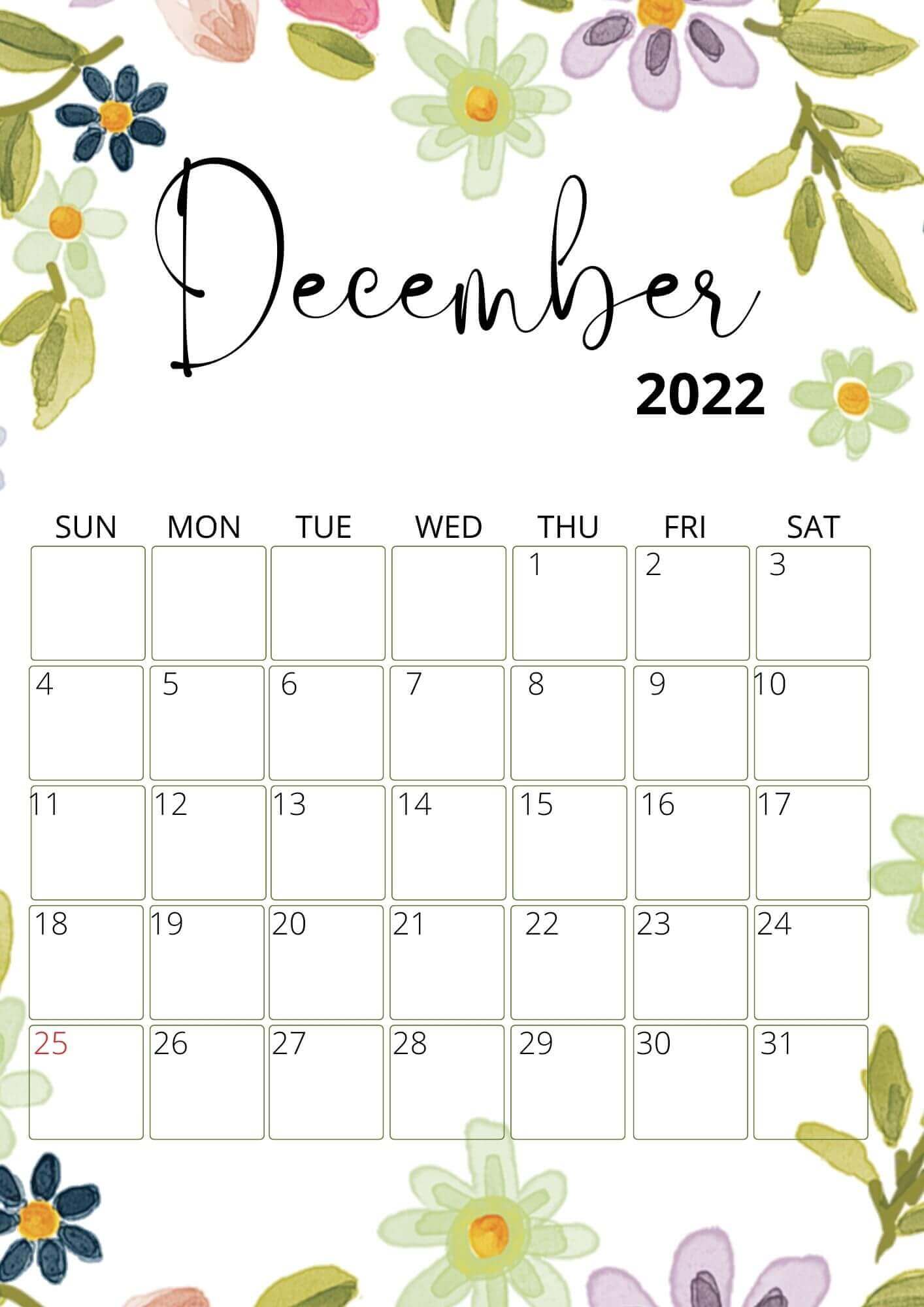 December Calendar 2022 Flowers Border