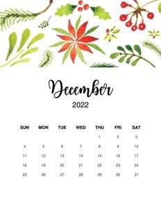 Floral Monthly December 2022 Calendar Sunday