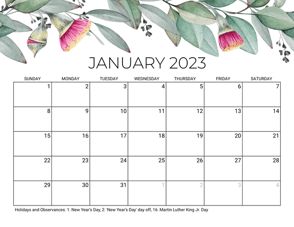 2023 january calendar with holidays
