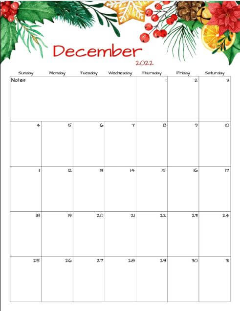 Free Printable Floral Dec 2022 Calendar
