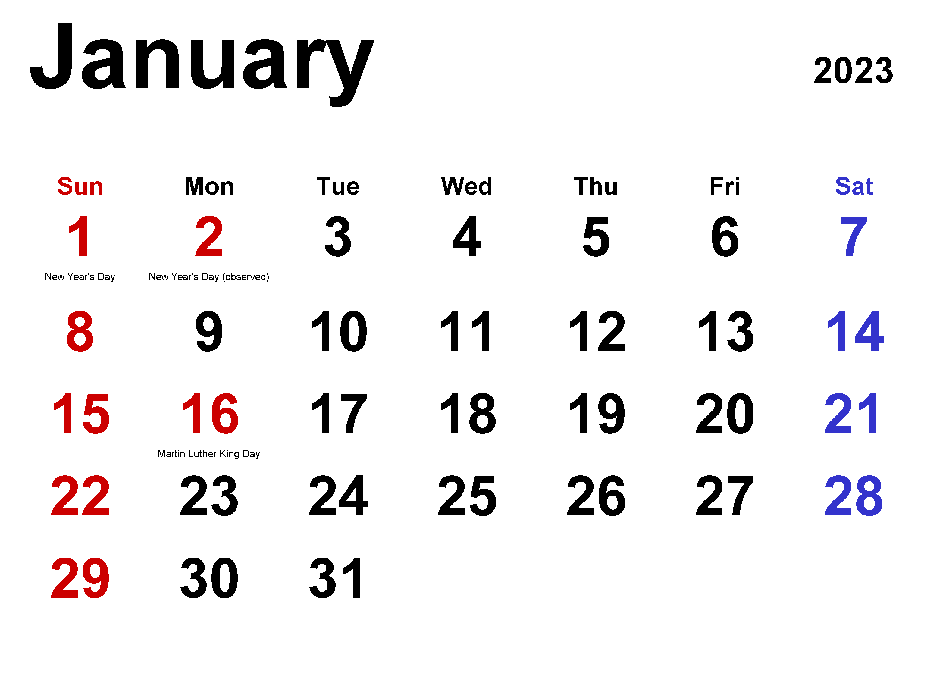 January 2023 Calendar Holidays