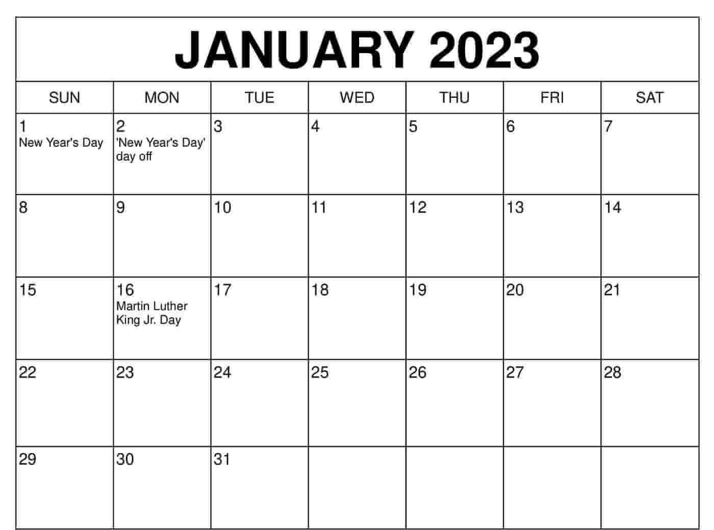 January 2023 Calendar Printable Template