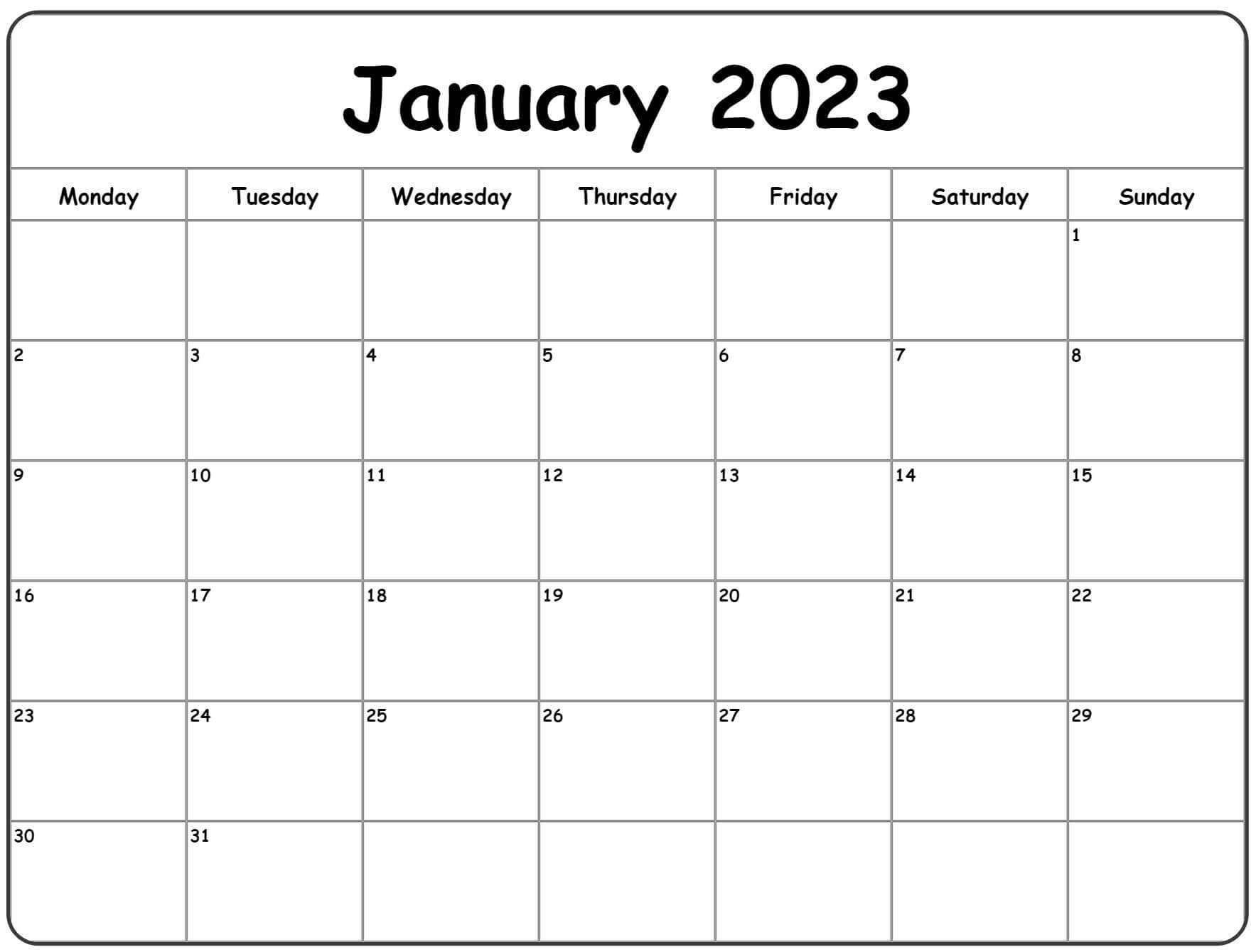 January 2023 Monday Calendar