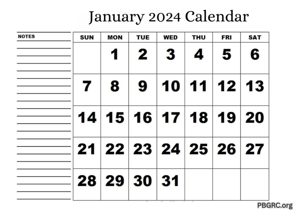January 2024 Blank Calendar With Note