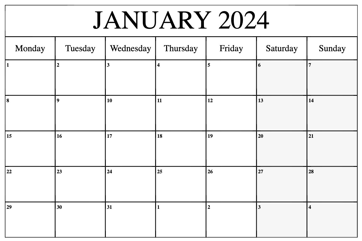 January 2024 Calendar Printable Monday Excel