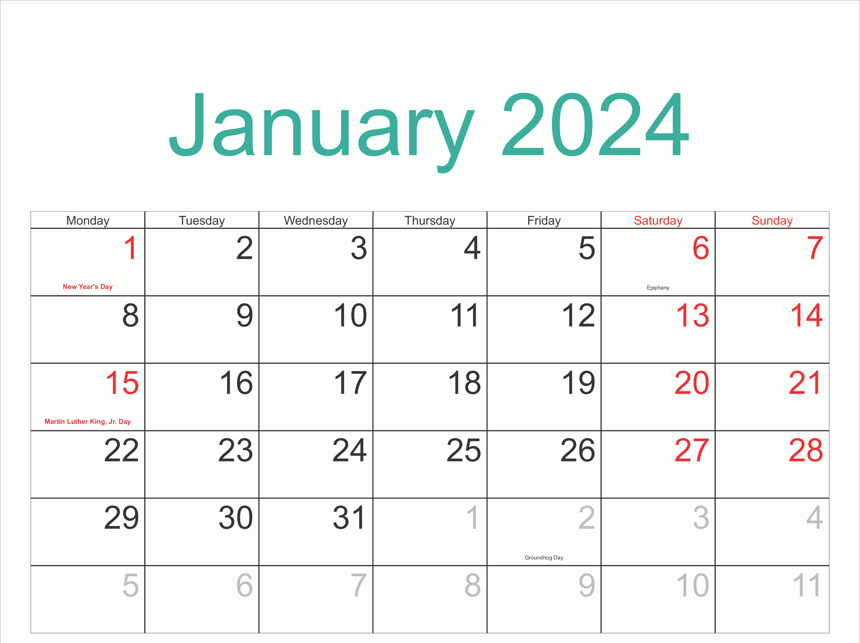 January 2024 Calendar Printable Template