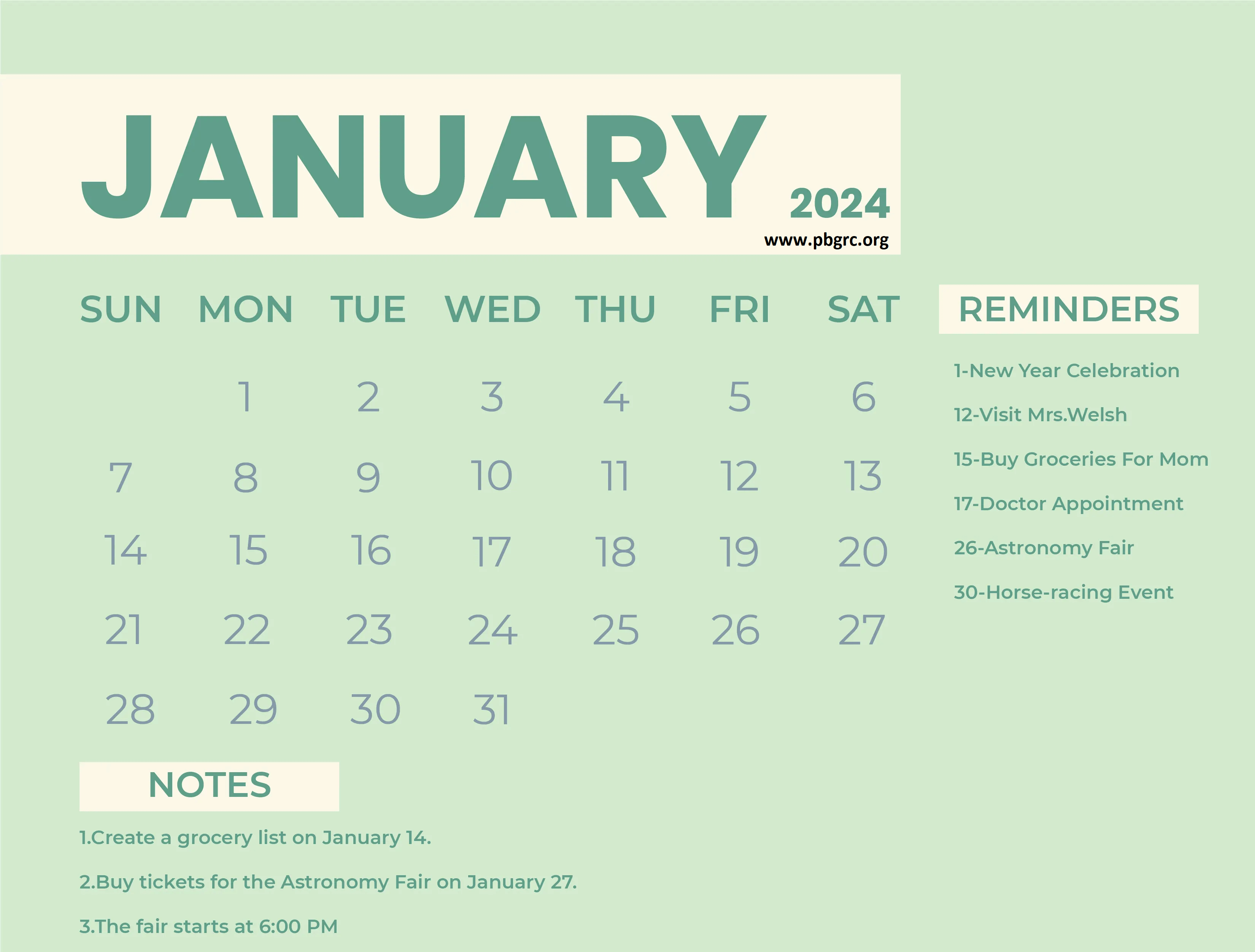 January 2024 Calendar with Watercolor Florals