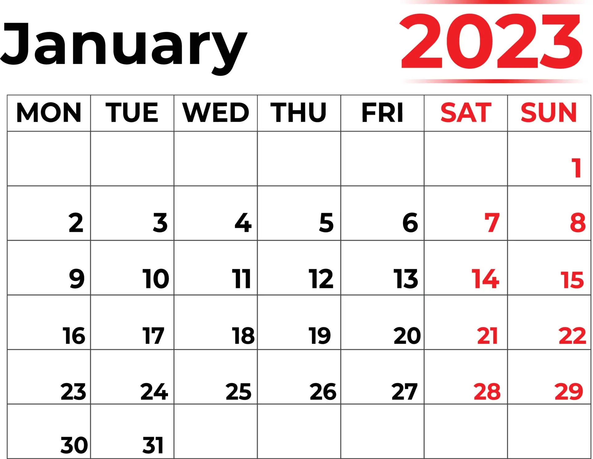 January Calendar 2023 Free