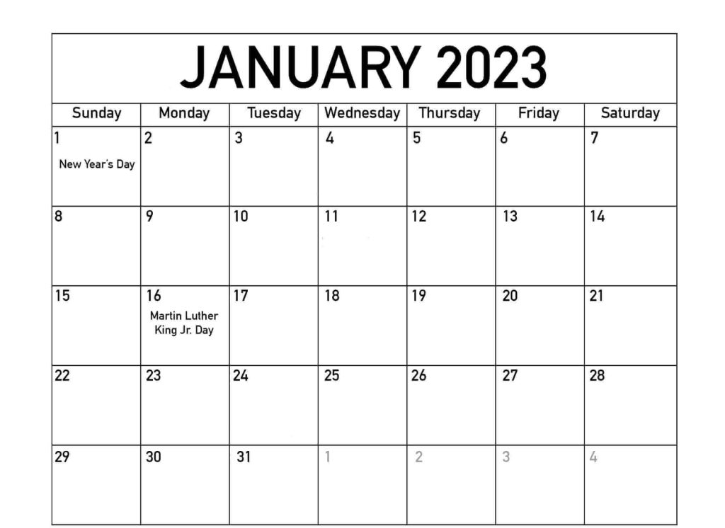 January Calendar 2023 with Holidays Canada