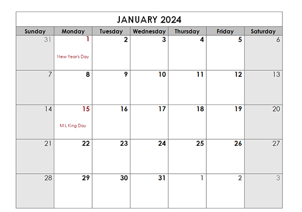 January Calendar 2024 Printable Template