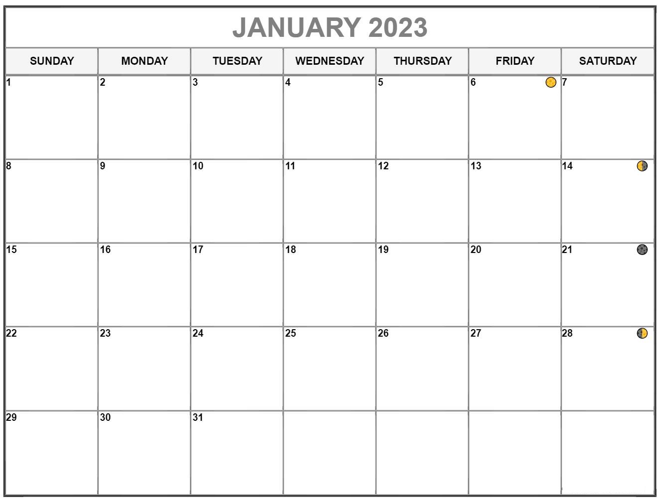 Lunar January 2023 Calendar Moon Phases Templates With Dates