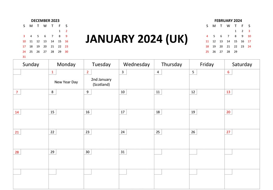 Printable January 2024 Calendar Word