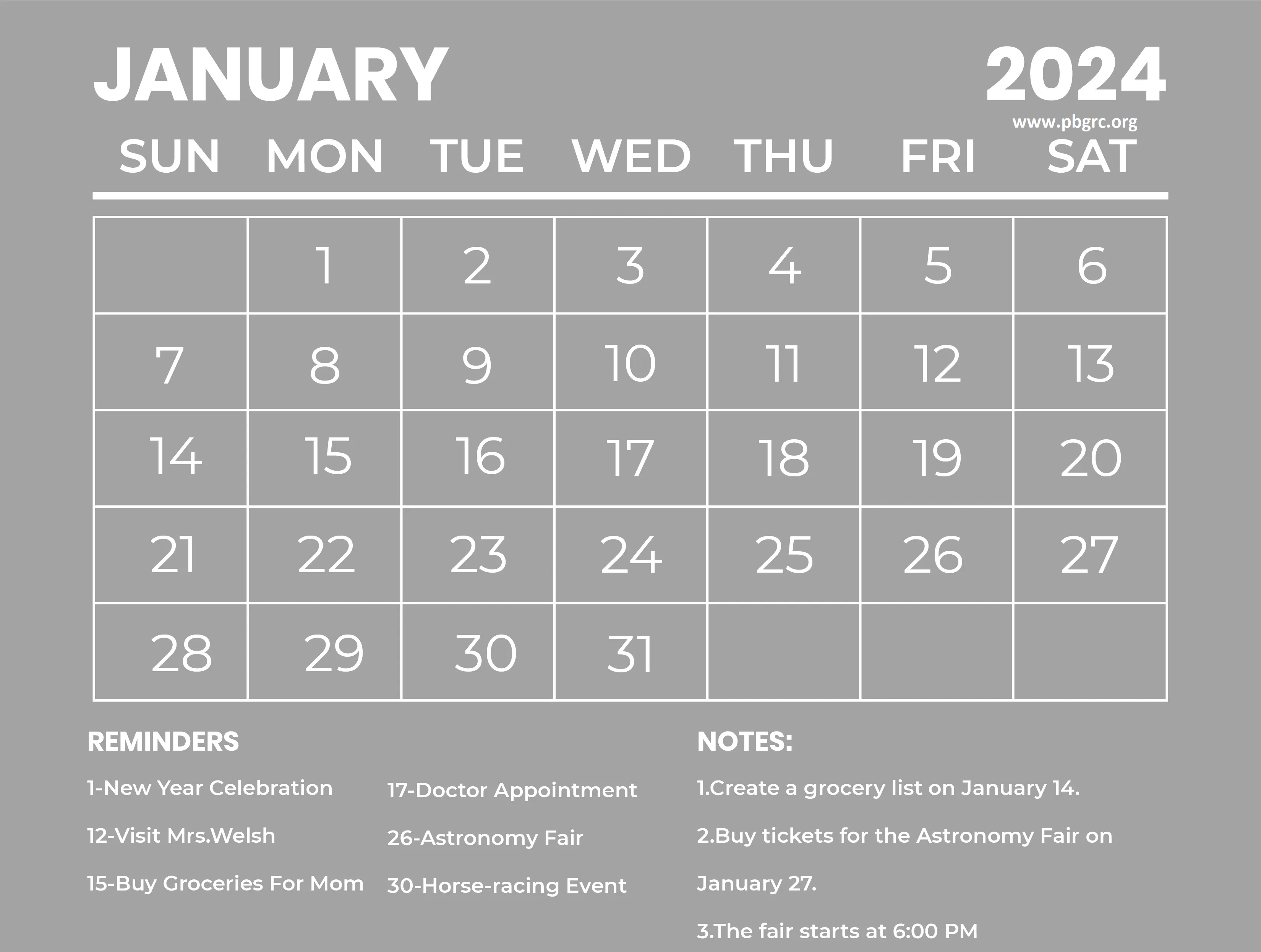 Printable January 2024 Calendar with Cute Floral Theme