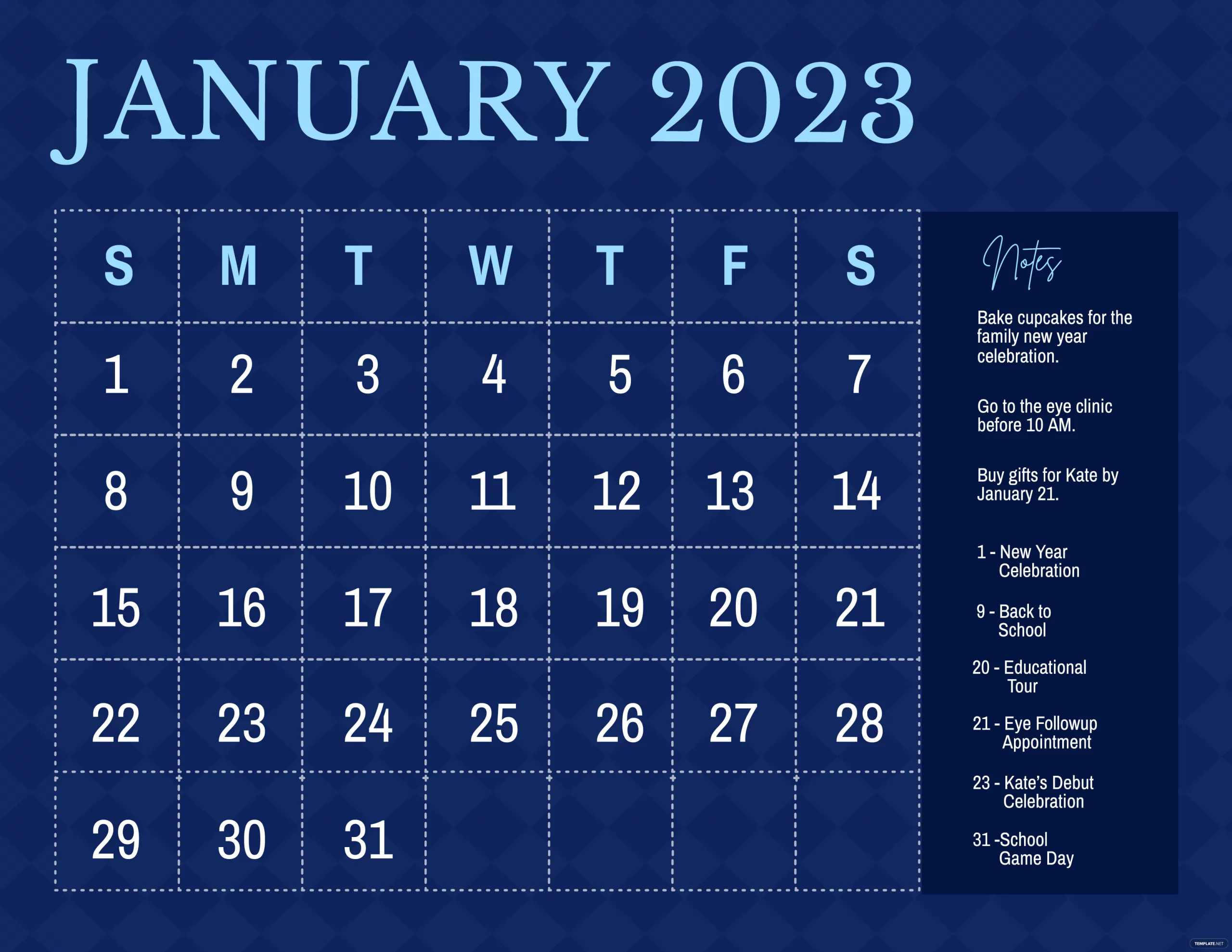 blue january 2023 calendar template