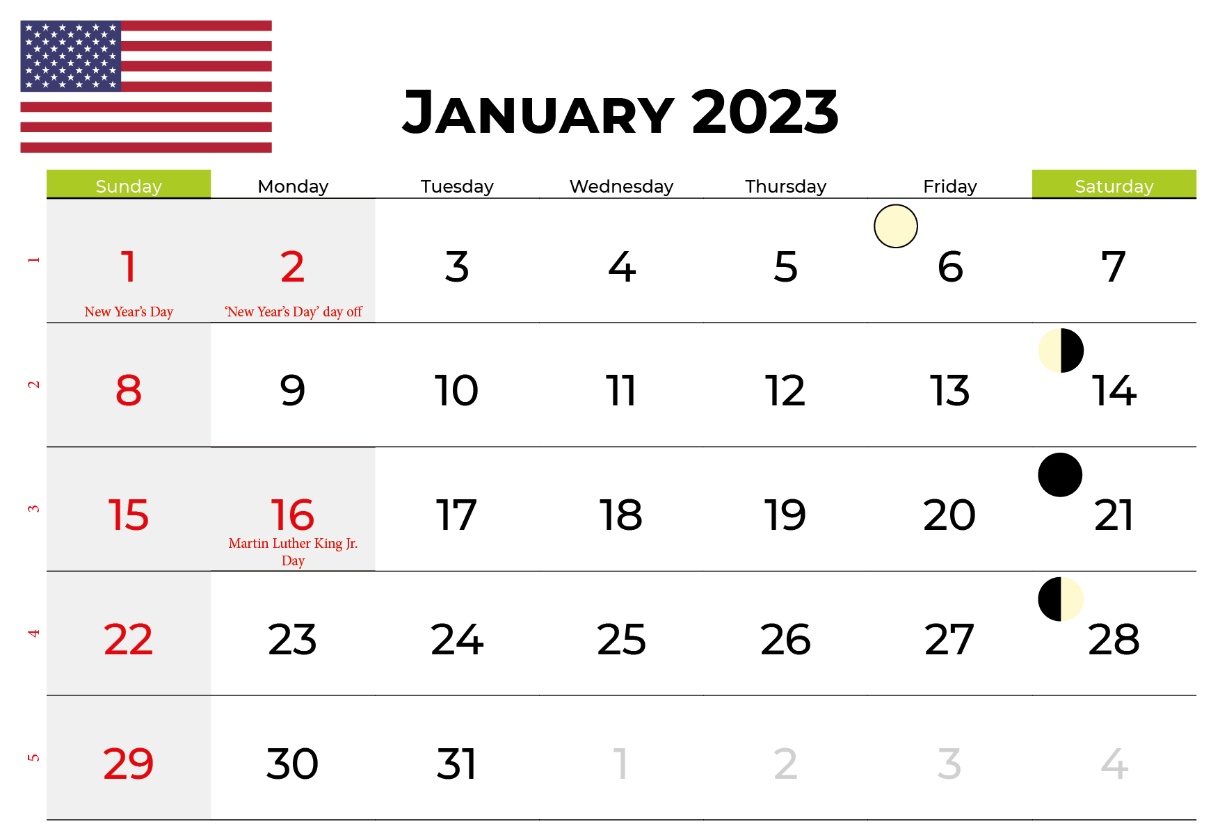 january 2023 calendar usa Moon Phases