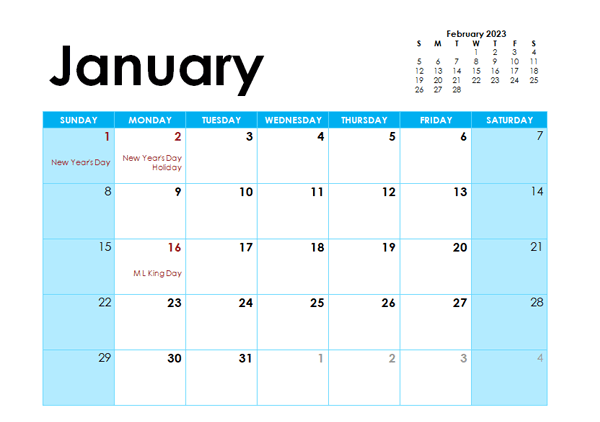 january calendar 2023 with holidays