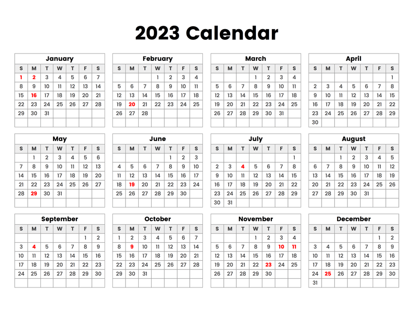 12 month calendar 2023