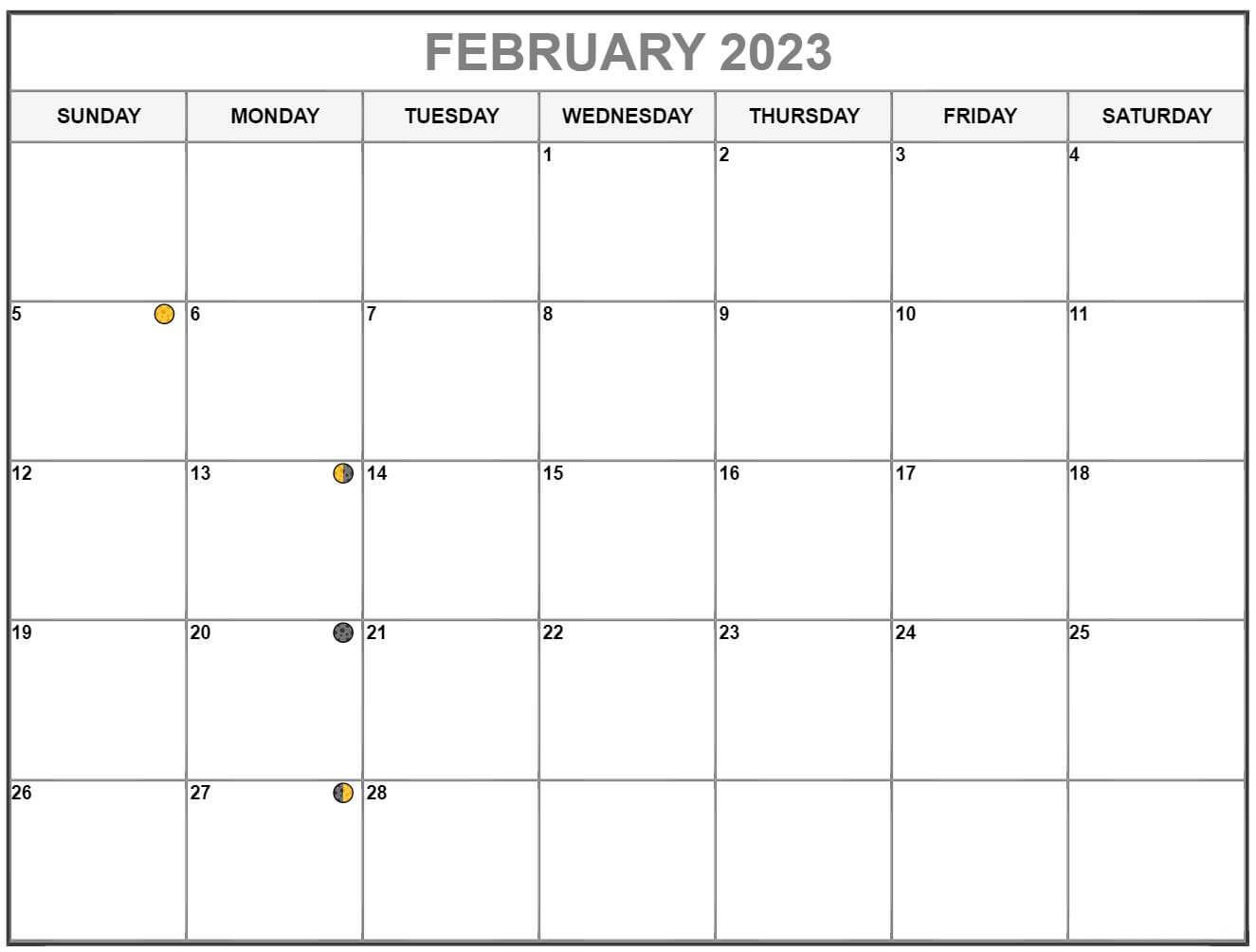 2023 February Calendar Moon Phases