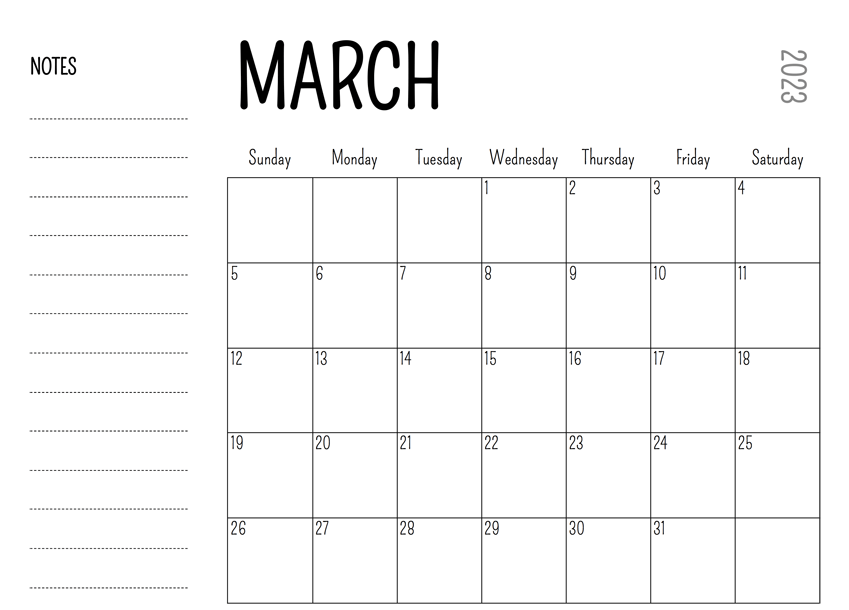 2023 March Calendar Template