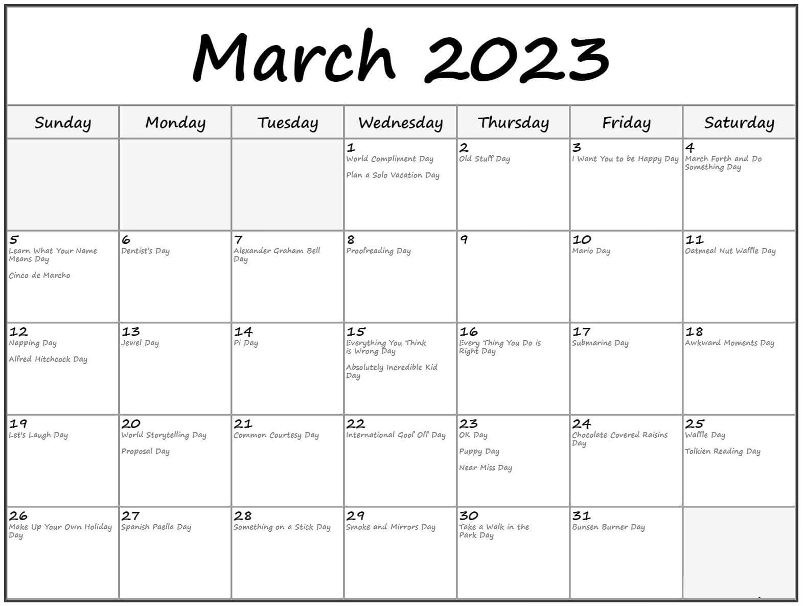 2023 March Holidays Calendar with Notes