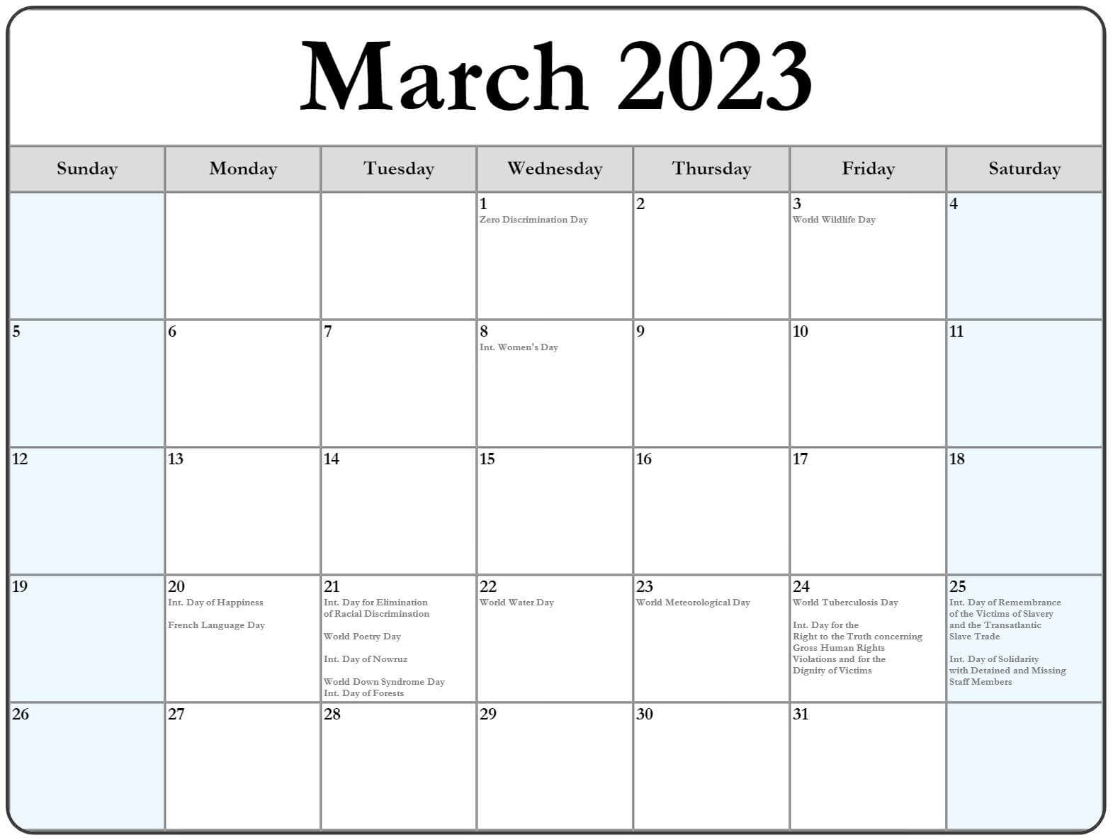 2023 March Holidays Calendar