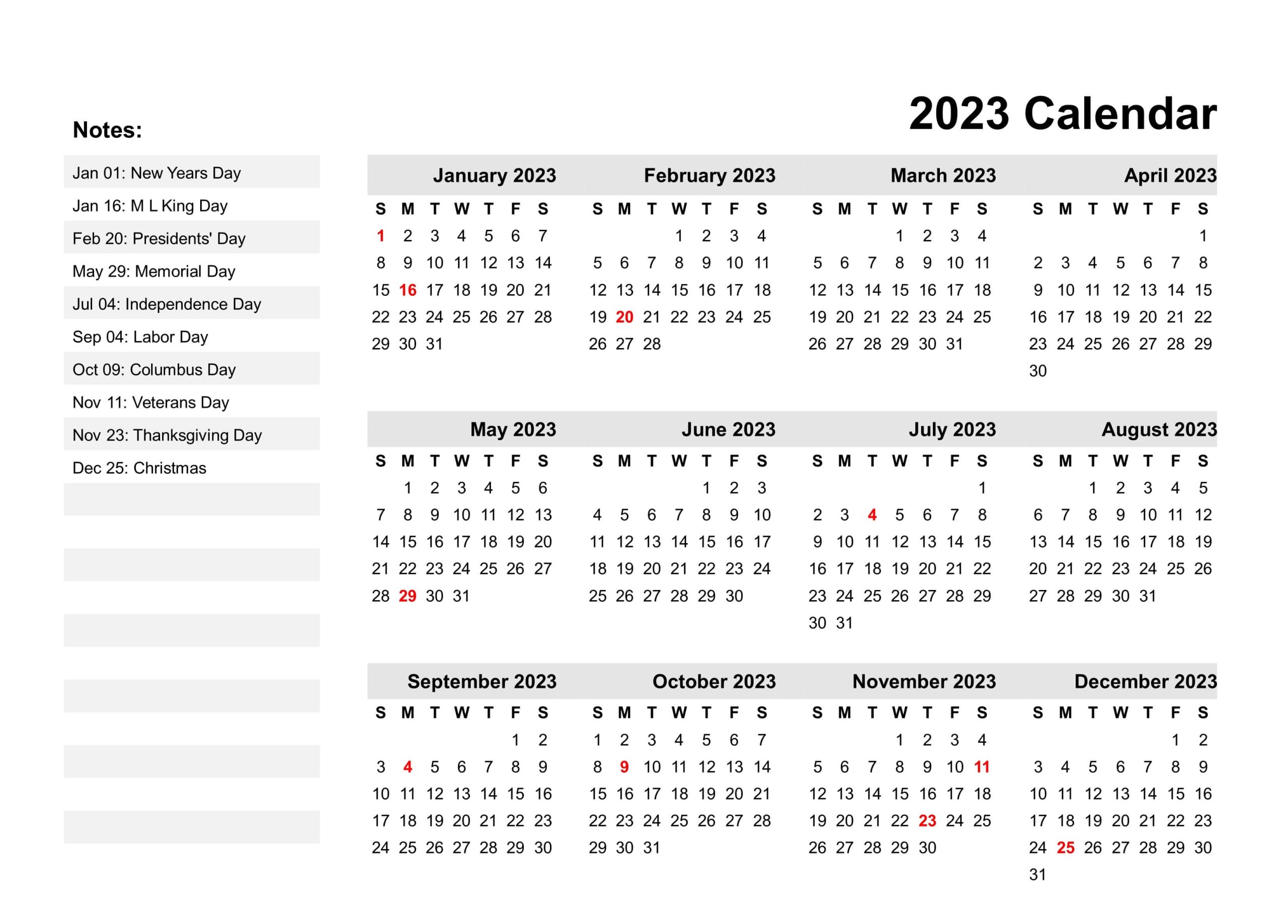2023 Yearly Calendar Template US Holidays