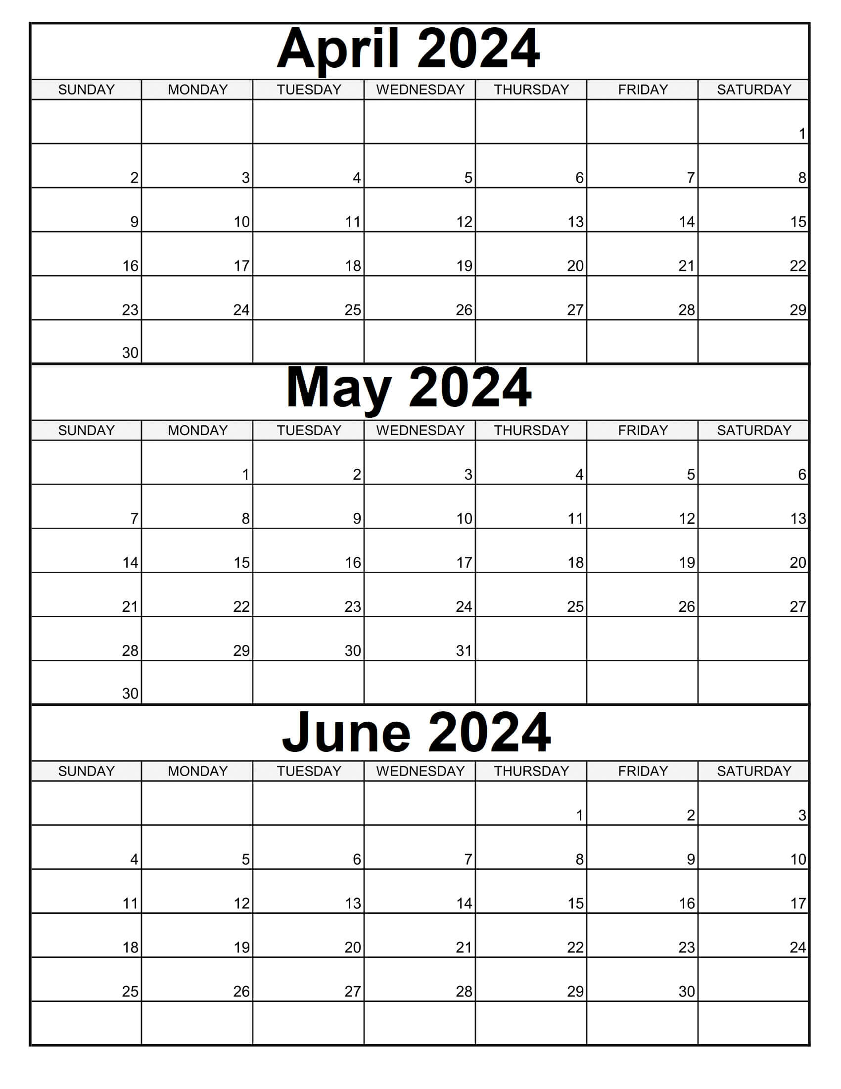 2024 April May June PDF Calendar