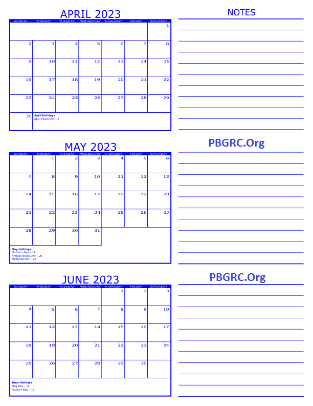 3-Month-Calendar-2023-April-May-June with Notes