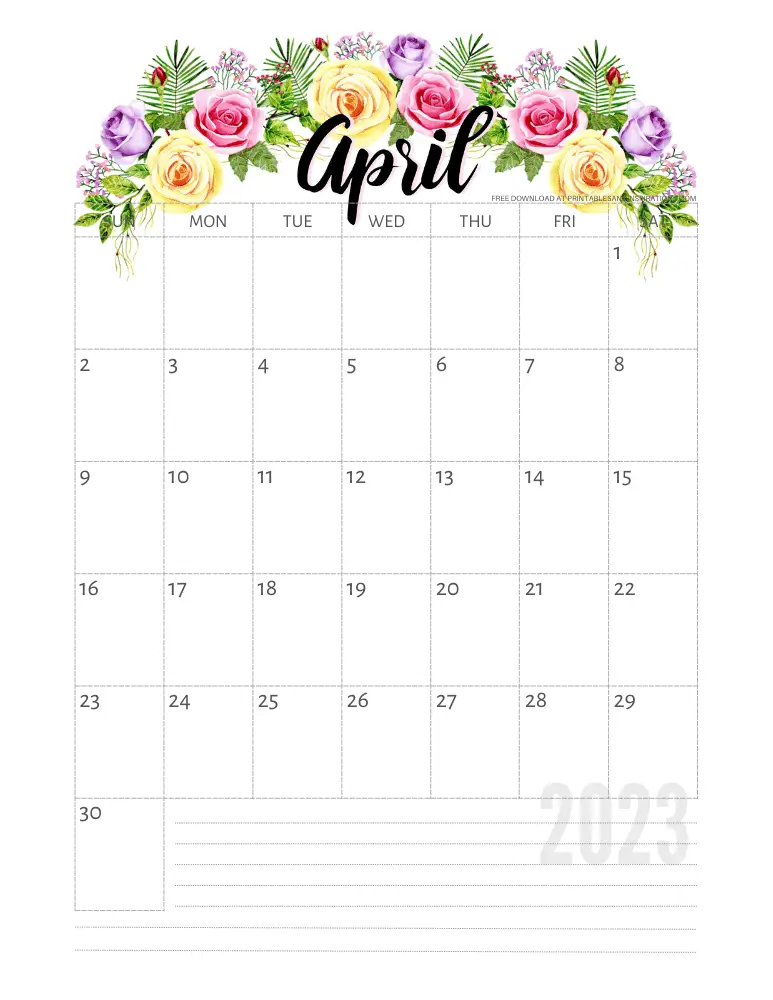 April 2023 yellow roses calendar